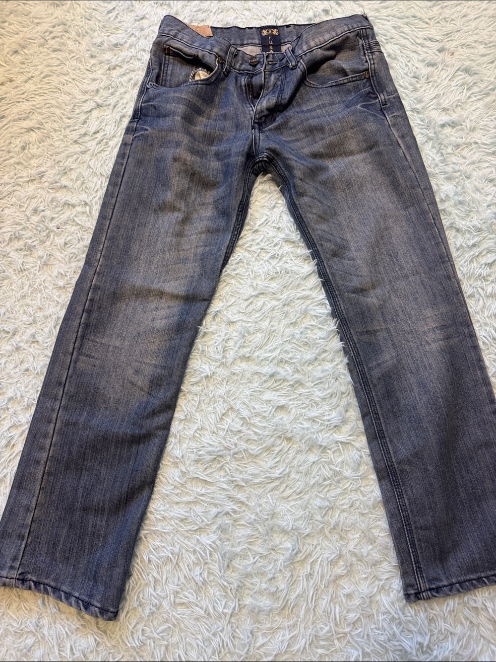 FUSAI. Men's bootcut mid rise Jeans in Faded Blue Denim 30x30.